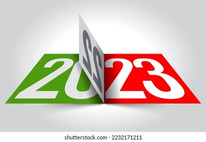 Tarjeta de año nuevo, saludos de 2023, año nuevo 2023, celebración, tarjeta de saludo verde y rojo, libro de aletas, página de cambio, página de cambio de 2022 a 2023