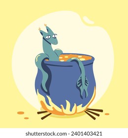 New Year card 2024 with cute dragon and golden coins.Congratulations with the symbol of Chinese New Year.New Year print. Vector illustration