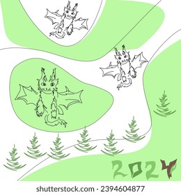 New Year card with 2024 year of the dragon! Chinese horoscope symbol. Green earth dragon logo