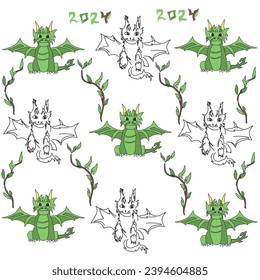 New Year card with 2024 year of the dragon! Chinese horoscope symbol. Green earth dragon logo