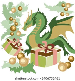 New Year card with 2024 year of the dragon! Chinese horoscope symbol. Green earth dragon logo