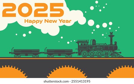 New Year card 2025 - with a vintage steam locomotive train. Vector illustration