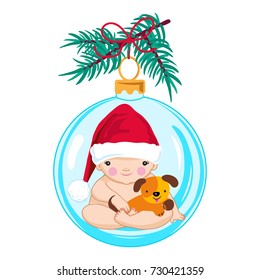 New Year card .A composition with a yellow puppy and a baby in a Santa's hat in a ball on a spruce branch.  Vector illustration.