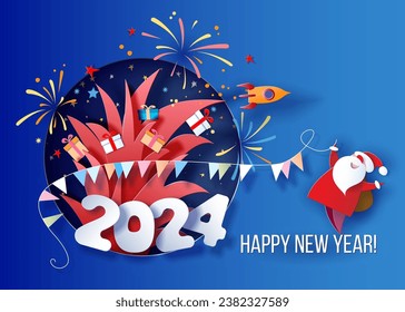 New year card advertising design. Santa Claus and fireworks over big letters 2024 on blue background. Vector paper cut art illustration for promotion banners, headers, posters, stickers