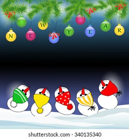New Year' card with amusing snowmen who look at Christmas balls. EPS10.