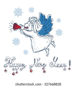 New Year card with angel and text, vintage illustration with hand drawn elements