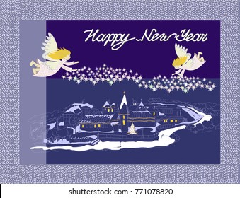New year card with angels and city in the snow on a blue background