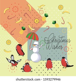 New year card with bananas and pineapples dancing mouses and bullfinches