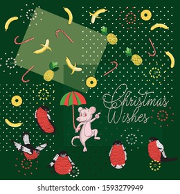 New year card with bananas and pineapples dancing mouses and bullfinches
