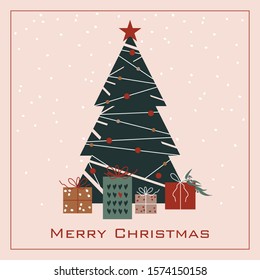 New Year card, banner, poster, sticker with text "Merry Christmas". Xmas tree with toys and gifts. Vector illustration.