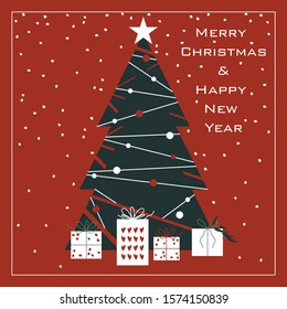 New Year card, banner, poster, sticker with text "Merry Christmas and Happy New Year". Xmas tree with toys and gifts. Vector illustration.