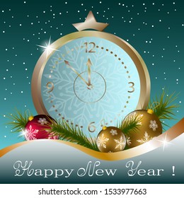 New year card with a big clock, snowflakes and balls.Greeting Christmas card with a clock, balls and text.
