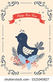 New Year card with a bird. Vector illustration.