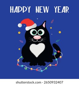 New Year card. The black cat. Vector illustration