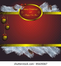 new year card with blue fir and golden christmas label and decorations