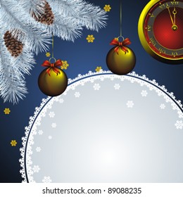 new year card with blue frame, golden watch and christmas decorations