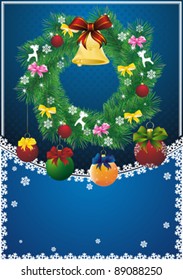 new year card with blue frame, christmas wreath and decorations