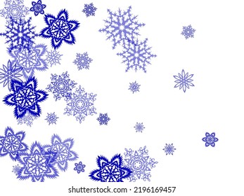  New Year card border pattern template with simple snowflake elements isolated. Chaotic winter snow confetti scatter flyer background.