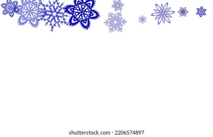  New Year card border pattern template with simple snowflake elements isolated. Chaotic winter snow confetti scatter flyer background.