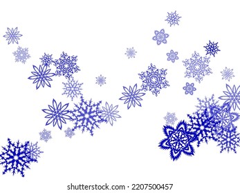  New Year card border pattern template with simple snowflake elements isolated. Colorful gradient snow flakes falling winter vector background in pink purple, blue, grey.