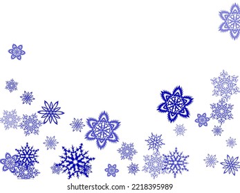  New Year card border pattern template with simple snowflake elements isolated. Chaotic winter snow confetti scatter flyer background.