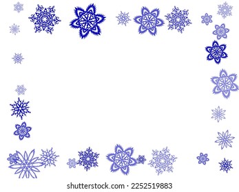  New Year card border pattern template with simple snowflake elements isolated. Chaotic winter snow confetti scatter flyer background.