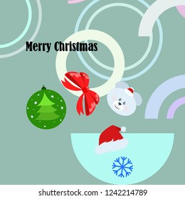 new year card bow bear christmas ball snowflake santa hat vector background