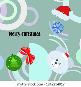 new year card bow bear christmas ball snowflake santa hat vector background