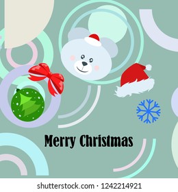 new year card bow bear christmas ball snowflake santa hat vector background