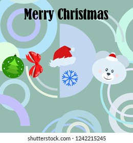 new year card bow bear christmas ball snowflake santa hat vector background