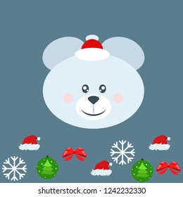 new year card bow bear christmas ball snowflake santa hat vector background