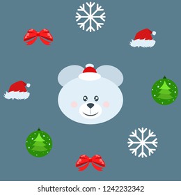 new year card bow bear christmas ball snowflake santa hat vector background