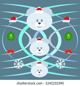 new year card bow bear christmas ball snowflake santa hat vector background
