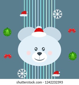 new year card bow bear christmas ball snowflake santa hat vector background