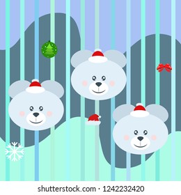new year card bow bear christmas ball snowflake santa hat vector background