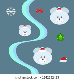 new year card bow bear christmas ball snowflake santa hat vector background