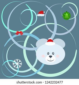 new year card bow bear christmas ball snowflake santa hat vector background