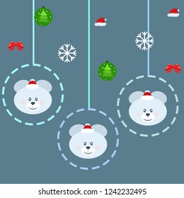 new year card bow bear christmas ball snowflake santa hat vector background