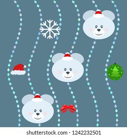 new year card bow bear christmas ball snowflake santa hat vector background