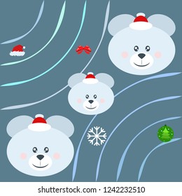 new year card bow bear christmas ball snowflake santa hat vector background