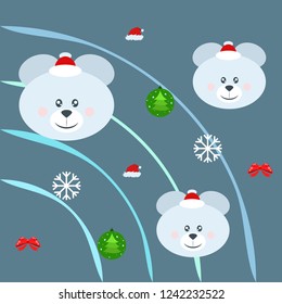 new year card bow bear christmas ball snowflake santa hat vector background