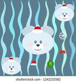 new year card bow bear christmas ball snowflake santa hat vector background