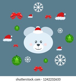 new year card bow bear christmas ball snowflake santa hat vector background