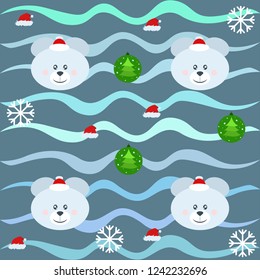 new year card bow bear christmas ball snowflake santa hat vector background