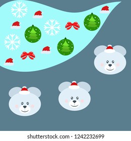 new year card bow bear christmas ball snowflake santa hat vector background