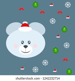 new year card bow bear christmas ball snowflake santa hat vector background