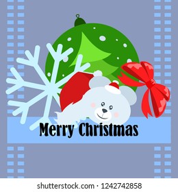 new year card bow bear christmas ball snowflake santa hat vector background