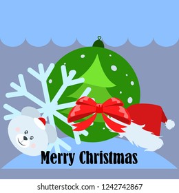 new year card bow bear christmas ball snowflake santa hat vector background