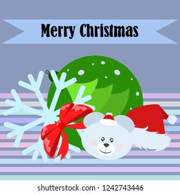 new year card bow bear christmas ball snowflake santa hat vector background