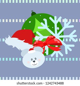 new year card bow bear christmas ball snowflake santa hat vector background